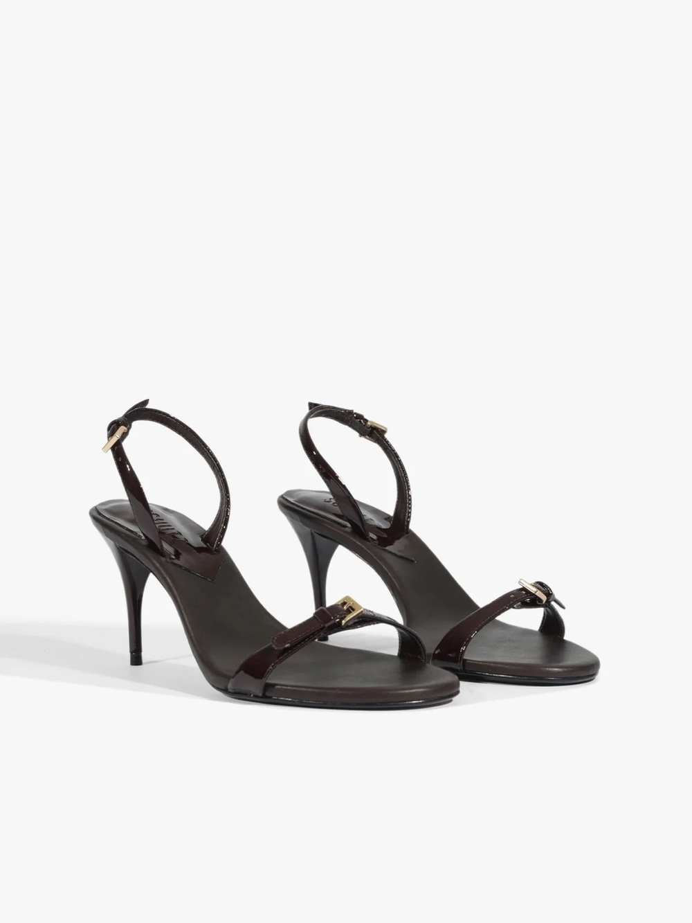 Schultz Dark Brown Patent Leather Open-Toe Ankle-Strap Heels